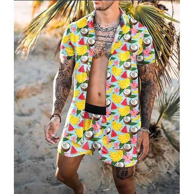 Men’s Shirt Set Summer Hawaiian Shirt Floral Tribal Graphic Prints Cuban Collar White Yellow Fuchsia Orange Coffee Street Casual Short Sleeve Print Clothing Apparel Tropical Fashion Hawaiian Designer 653566835db9e09a5915c0ce998b17d2