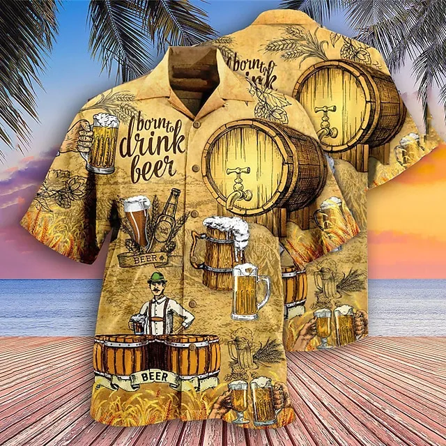 Men's Shirt Summer Hawaiian Shirt Graphic Prints Beer Turndown Light Yellow Black Yellow Gold Green Casual Hawaiian Short Sleeve Print Button-Down Clothing Apparel Tropical Fashion Hawaiian Soft