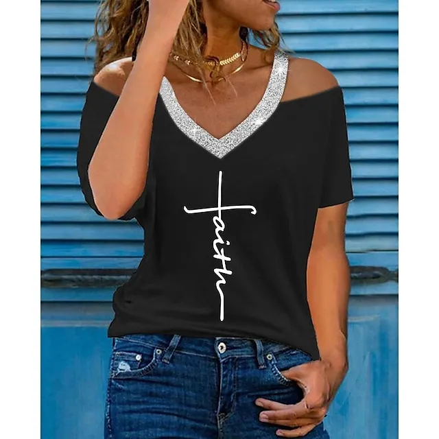 Women’s T shirt Tee Text Daily Weekend Light Blue Black White Print Cut Out Cold Shoulder Short Sleeve Elegant Fashion Basic Off Shoulder V Neck Regular Fit f3944c72040df47e5dbd65c56070cea7