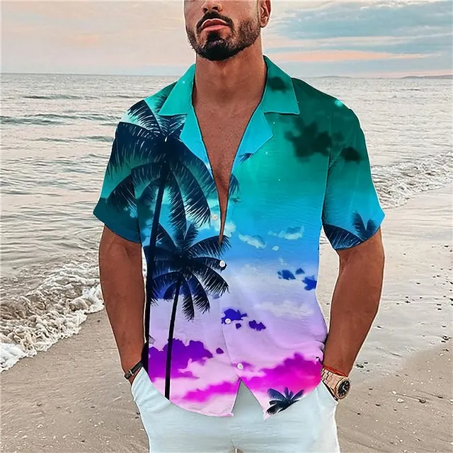Men's Shirt Summer Hawaiian Shirt Coconut Tree Graphic Prints Cuban Collar Yellow Pink Navy Blue Blue Purple Casual Hawaiian Short Sleeve Print Button-Down Clothing Apparel Tropical Fashion