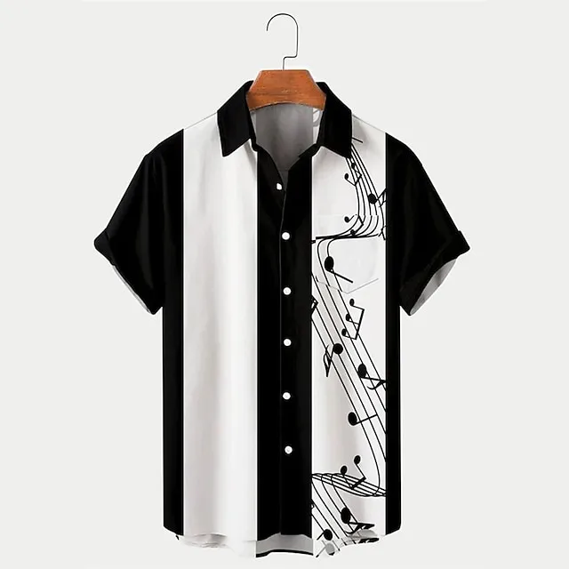 Men's Shirt Button Up Shirt Casual Shirt Summer Shirt Bowling Shirt Black Pink Blue Green Short Sleeve Graphic Prints Musical Notes Turndown Street Daily Print Clothing Apparel Fashion 1950s Casual