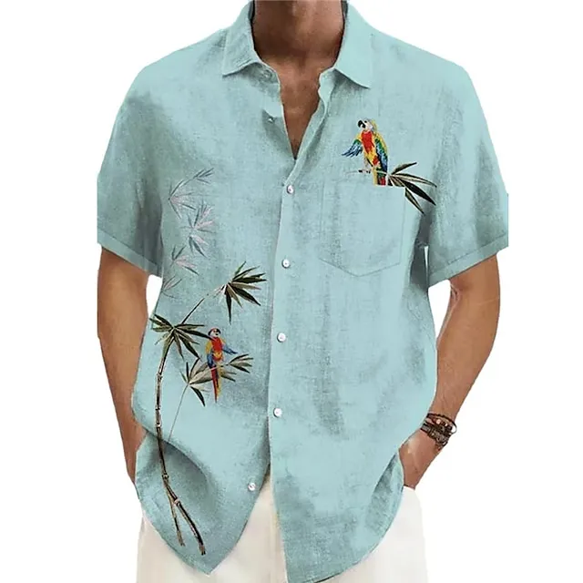Men’s Shirt Summer Hawaiian Shirt Bird Graphic Prints Leaves Cuban Collar Pink Blue Green Gray Casual Hawaiian Short Sleeve Print Button-Down Clothing Apparel Sports Fashion Streetwear Designer 40de62819e1674d0666df9179872204e