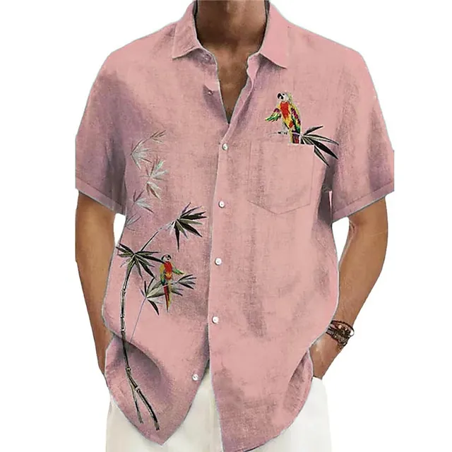 Men’s Shirt Summer Hawaiian Shirt Bird Graphic Prints Leaves Cuban Collar Pink Blue Green Gray Casual Hawaiian Short Sleeve Print Button-Down Clothing Apparel Sports Fashion Streetwear Designer 636cbd095eeec5b146a2c68c45182003