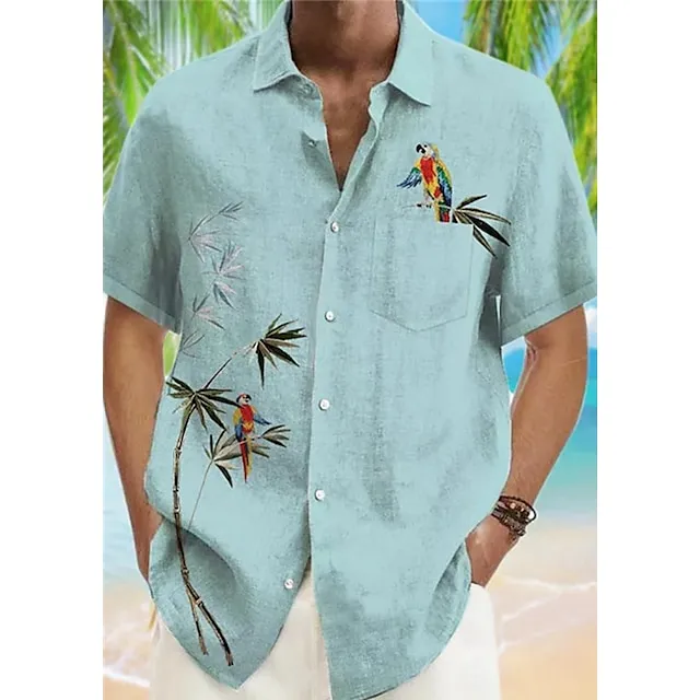 Men's Shirt Summer Hawaiian Shirt Bird Graphic Prints Leaves Cuban Collar Pink Blue Green Gray Casual Hawaiian Short Sleeve Print Button-Down Clothing Apparel Sports Fashion Streetwear Designer