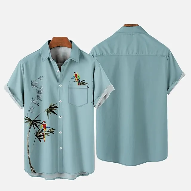 Men’s Shirt Summer Hawaiian Shirt Bird Graphic Prints Leaves Cuban Collar Pink Blue Green Gray Casual Hawaiian Short Sleeve Print Button-Down Clothing Apparel Sports Fashion Streetwear Designer 82a8dd3140520ce714bc59b5000c1de6