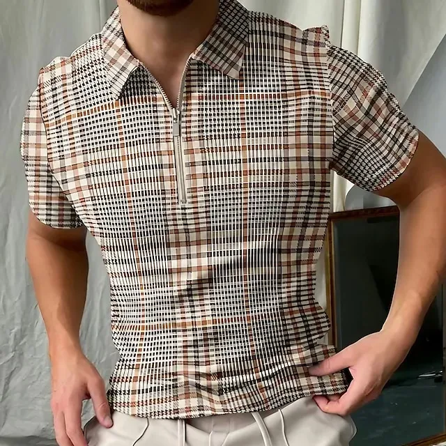 Men's Zip Polo Golf Shirt Sports & Outdoor Casual Lapel Quarter Zip Short Sleeve Fashion Streetwear Plaid Grid Pattern Quarter Zip Spring & Summer Brown Zip Polo