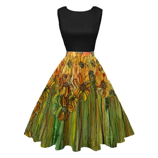 Women's Vintage Elegant Vintage Tea Dresses Midi Dress Daily Date Ruched Patchwork Floral Crew Neck Sleeveless Slim Summer Spring Yellow Blue S M L XL