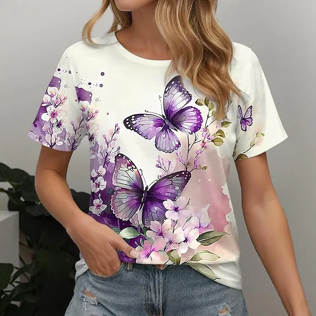 Women’s T shirt Tee Butterfly Holiday Weekend Blue Purple Green Print Short Sleeve Basic Round Neck Regular Fit 41161fe7328cc1fdaa054c86fb433c64