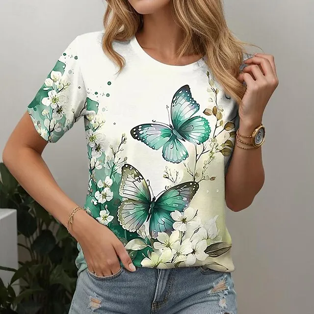 Women’s T shirt Tee Butterfly Holiday Weekend Blue Purple Green Print Short Sleeve Basic Round Neck Regular Fit 7041d8d1d45808f33aed30d7ab5fd6a3