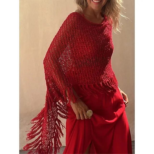 Women’s Poncho Sweater Crew Neck Crochet Knit Polyester Tassel Hole Batwing Sleeve Summer Spring Outdoor Daily Going out Stylish Casual Soft Long Sleeve Solid Color Yellow Red Blue S M L 1e4b2017e8e37647abe5f0c6aa38a6b7