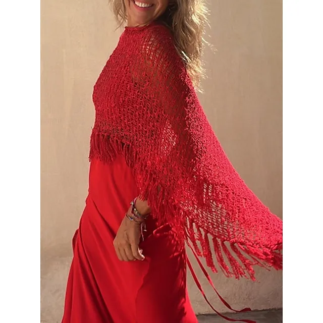 Women’s Poncho Sweater Crew Neck Crochet Knit Polyester Tassel Hole Batwing Sleeve Summer Spring Outdoor Daily Going out Stylish Casual Soft Long Sleeve Solid Color Yellow Red Blue S M L 61b85a75ccaf9d87fa4e121619a6539e