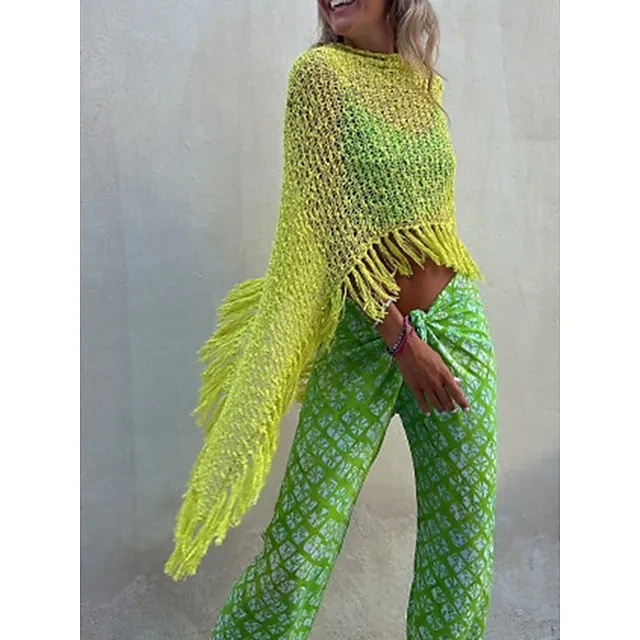 Women’s Poncho Sweater Crew Neck Crochet Knit Polyester Tassel Hole Batwing Sleeve Summer Spring Outdoor Daily Going out Stylish Casual Soft Long Sleeve Solid Color Yellow Red Blue S M L 67e7e6ef95d884661ac85cf6109d9c8d