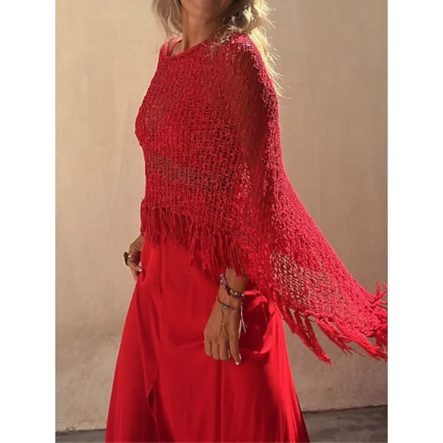 Women’s Poncho Sweater Crew Neck Crochet Knit Polyester Tassel Hole Batwing Sleeve Summer Spring Outdoor Daily Going out Stylish Casual Soft Long Sleeve Solid Color Yellow Red Blue S M L 95e102561fc31348f192a8c1b63b2d4d