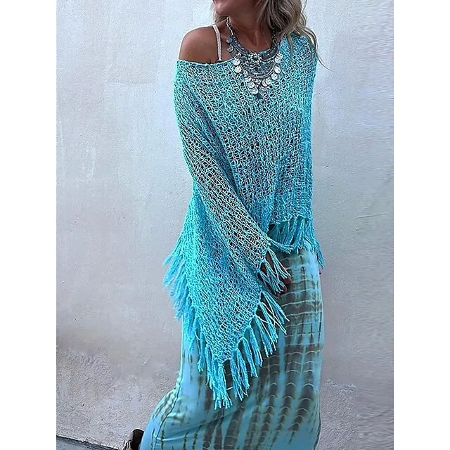 Women’s Poncho Sweater Crew Neck Crochet Knit Polyester Tassel Hole Batwing Sleeve Summer Spring Outdoor Daily Going out Stylish Casual Soft Long Sleeve Solid Color Yellow Red Blue S M L b1c0020d5372c029601807f801846d8f