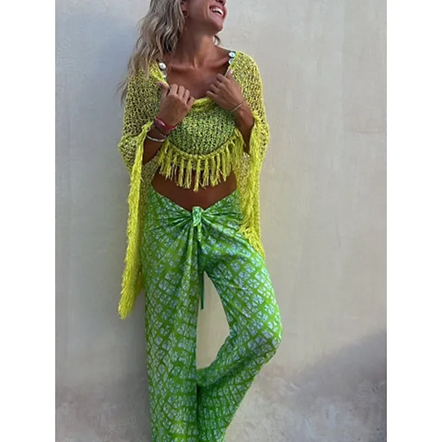 Women’s Poncho Sweater Crew Neck Crochet Knit Polyester Tassel Hole Batwing Sleeve Summer Spring Outdoor Daily Going out Stylish Casual Soft Long Sleeve Solid Color Yellow Red Blue S M L b977720e6046647125d30ae407d17046