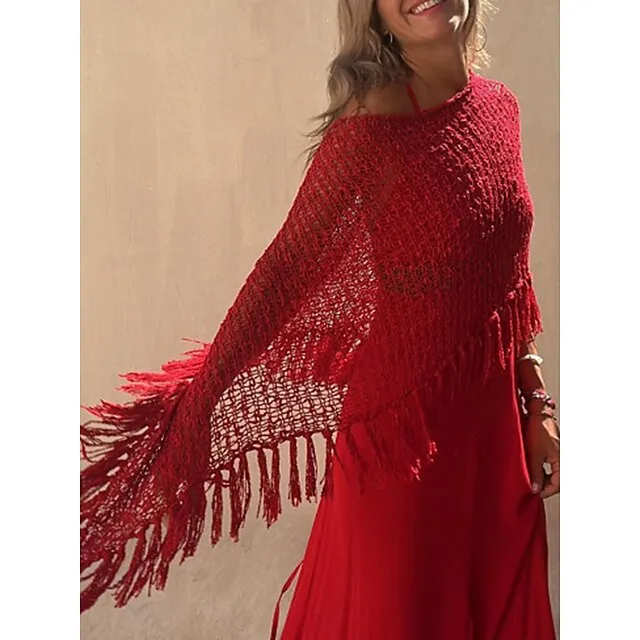 Women’s Poncho Sweater Crew Neck Crochet Knit Polyester Tassel Hole Batwing Sleeve Summer Spring Outdoor Daily Going out Stylish Casual Soft Long Sleeve Solid Color Yellow Red Blue S M L ca3c14e015f5712266bf68876b944bbd