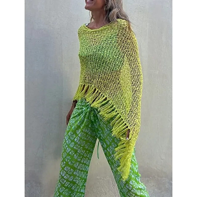 Women’s Poncho Sweater Crew Neck Crochet Knit Polyester Tassel Hole Batwing Sleeve Summer Spring Outdoor Daily Going out Stylish Casual Soft Long Sleeve Solid Color Yellow Red Blue S M L cee148a1e1caa9bf586feb05f7027946