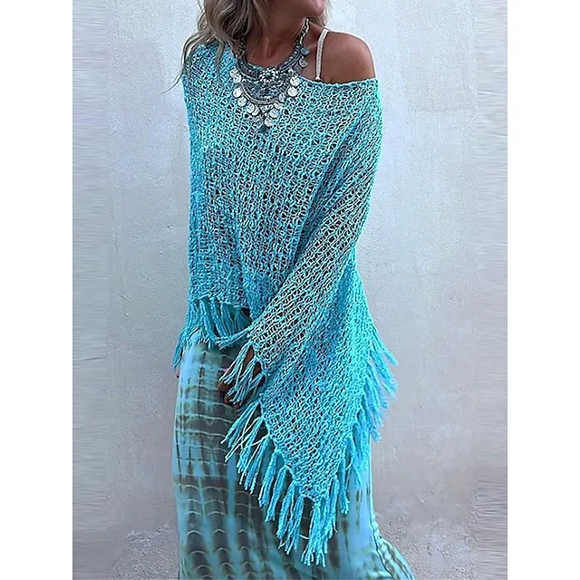 Women’s Poncho Sweater Crew Neck Crochet Knit Polyester Tassel Hole Batwing Sleeve Summer Spring Outdoor Daily Going out Stylish Casual Soft Long Sleeve Solid Color Yellow Red Blue S M L f9086d839c0121f041f97fe8ecaf89fe