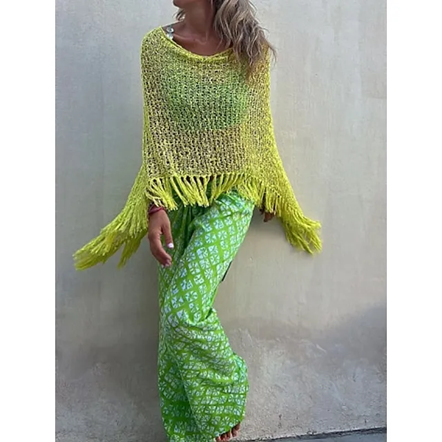 Women’s Poncho Sweater Crew Neck Crochet Knit Polyester Tassel Hole Batwing Sleeve Summer Spring Outdoor Daily Going out Stylish Casual Soft Long Sleeve Solid Color Yellow Red Blue S M L fae7b6900ff03bfdf9168d2c0f07b6ba