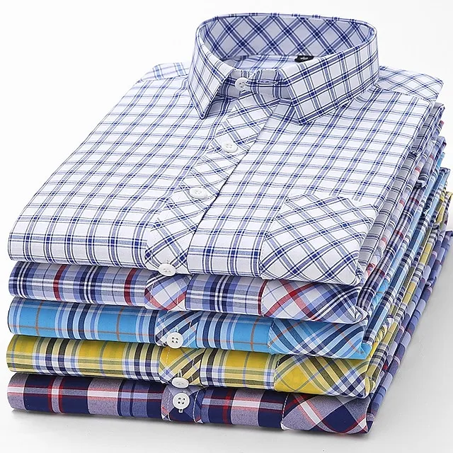 Men's Dress Shirt Light Blue Dark Navy Navy Blue Long Sleeve Stripes and Plaid Turndown All Seasons Wedding Office & Career Clothing Apparel