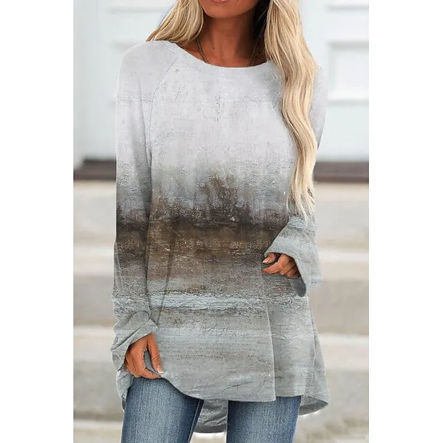 Women’s Plus Size Tunic T shirt Tee Tunic Shirts Graphic Daily Weekend Brown Gray Print Long Sleeve Vintage Tunic Basic Round Neck Regular Fit Fall & Winter 5cac5c638bb374bfc191c1939394783e