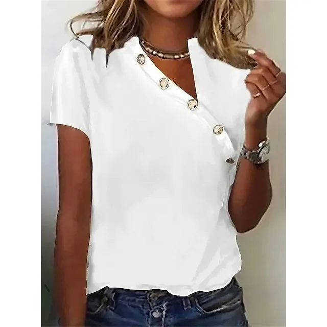 Women's T shirt Tee Plain Daily Weekend Black White Pink Short Sleeve Elegant Fashion Basic V Neck Regular Fit