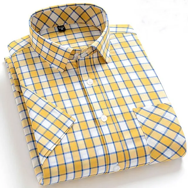 Men's Dress Shirt Light Blue Black Dark Red Short Sleeve Stripes and Plaid Turndown Spring & Summer Office & Career Office Party Clothing Apparel