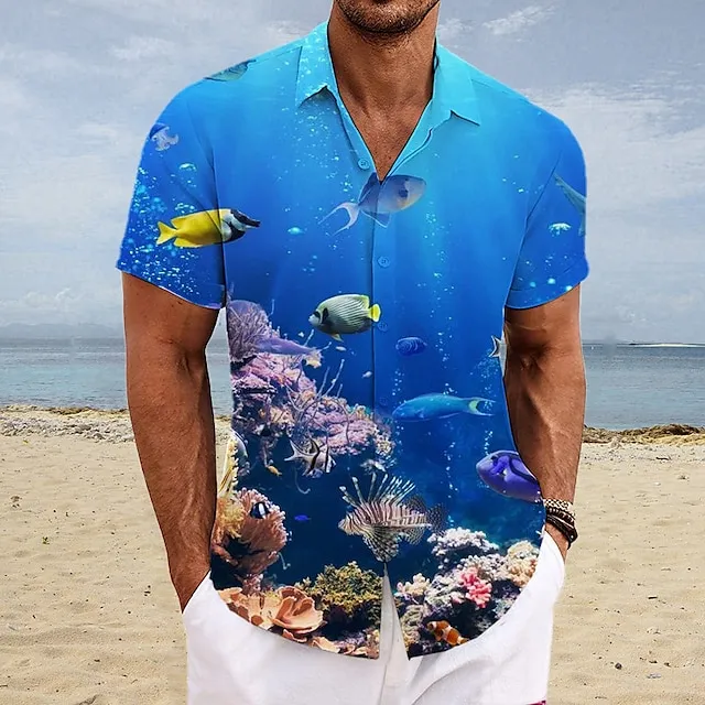Men's Shirt Summer Hawaiian Shirt Floral Lemon Graphic Prints Fish Turndown Yellow Pink Blue Sky Blue Dark Sea Blue Outdoor Street Short Sleeves Print Clothing Apparel Fashion Streetwear Designer