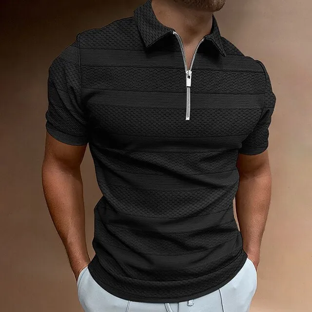 Men's Zip Polo Polo Shirt Outdoor Sports Lapel Quarter Zip Short Sleeve Fashion Modern Horizontal Stripes Zipper Summer Regular Fit Black White Pink Brown Apricot Zip Polo