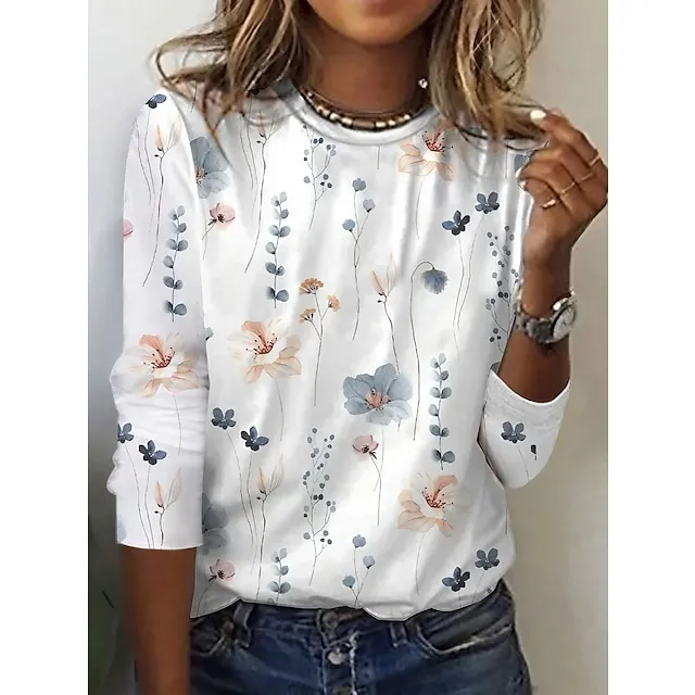 Women's T shirt Tee Floral Holiday Weekend White Yellow Pink Print Long Sleeve Basic Round Neck Regular Fit Fall & Winter