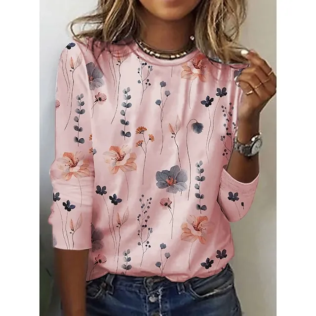 Women’s T shirt Tee Floral Holiday Weekend White Yellow Pink Print Long Sleeve Basic Round Neck Regular Fit Fall & Winter 97bf4a90c42e8d6004817280a8c57f75