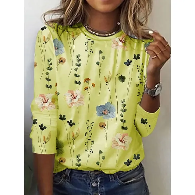 Women’s T shirt Tee Floral Holiday Weekend White Yellow Pink Print Long Sleeve Basic Round Neck Regular Fit Fall & Winter 9866b1b8356ebac730a38d9eb9d503ca
