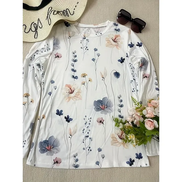 Women’s T shirt Tee Floral Holiday Weekend White Yellow Pink Print Long Sleeve Basic Round Neck Regular Fit Fall & Winter 9f18caaf3ca4c4626ef0a171df9a31ef