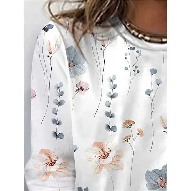 Women’s T shirt Tee Floral Holiday Weekend White Yellow Pink Print Long Sleeve Basic Round Neck Regular Fit Fall & Winter c8c5f6590209dc38b9b18d762d341545