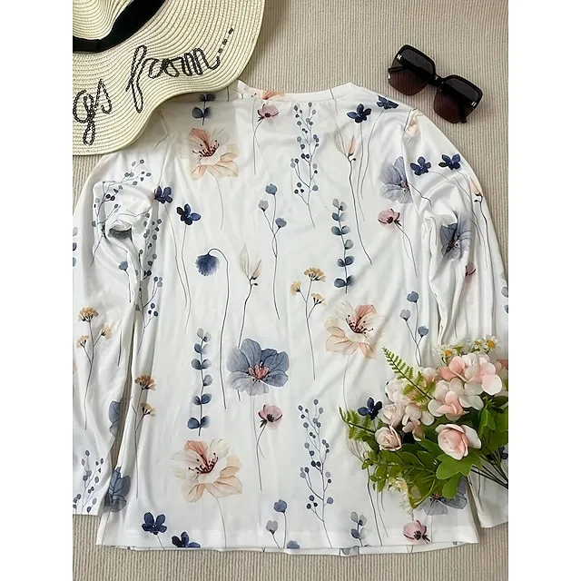 Women’s T shirt Tee Floral Holiday Weekend White Yellow Pink Print Long Sleeve Basic Round Neck Regular Fit Fall & Winter f05e0ff261899b9149f9e9dc7309da35
