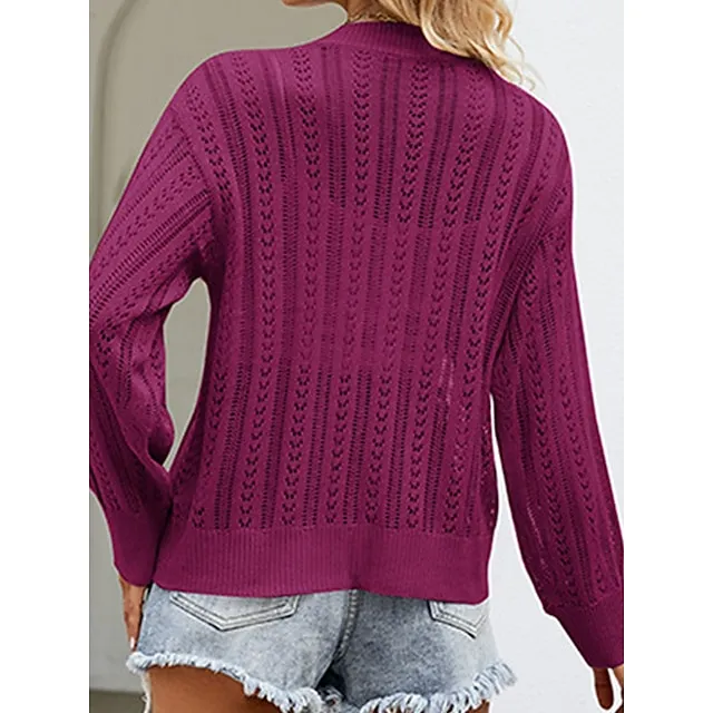 Women’s Cardigan Sweater V Neck Crochet Knit Polyester Button Hole Summer Spring Daily Going out Weekend Stylish Casual Soft Long Sleeve Solid Color Purple Green Khaki S M L 17d65dea257466d37da334187bcc0017