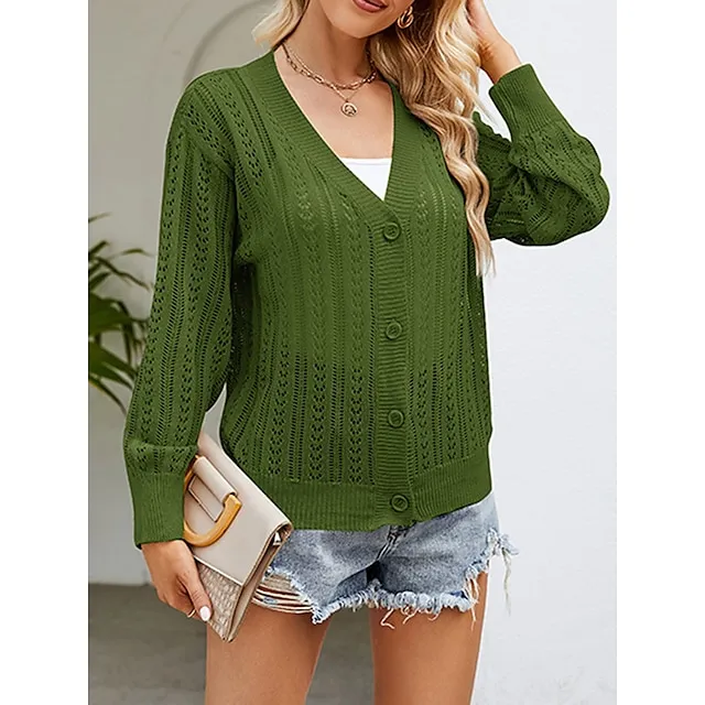 Women’s Cardigan Sweater V Neck Crochet Knit Polyester Button Hole Summer Spring Daily Going out Weekend Stylish Casual Soft Long Sleeve Solid Color Purple Green Khaki S M L 206b20f83ac0973306b12c2a4ea59116