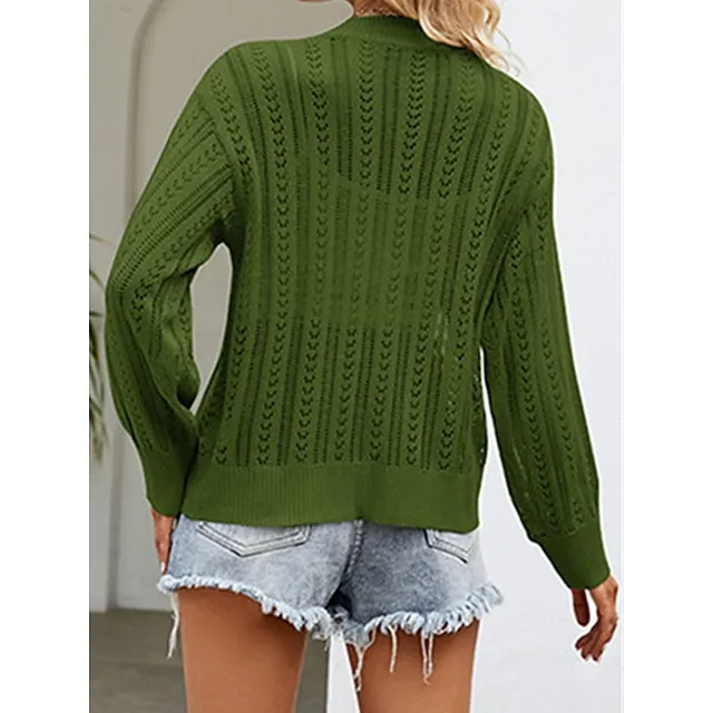 Women’s Cardigan Sweater V Neck Crochet Knit Polyester Button Hole Summer Spring Daily Going out Weekend Stylish Casual Soft Long Sleeve Solid Color Purple Green Khaki S M L 22a582625666db197df323aeea8ac56d