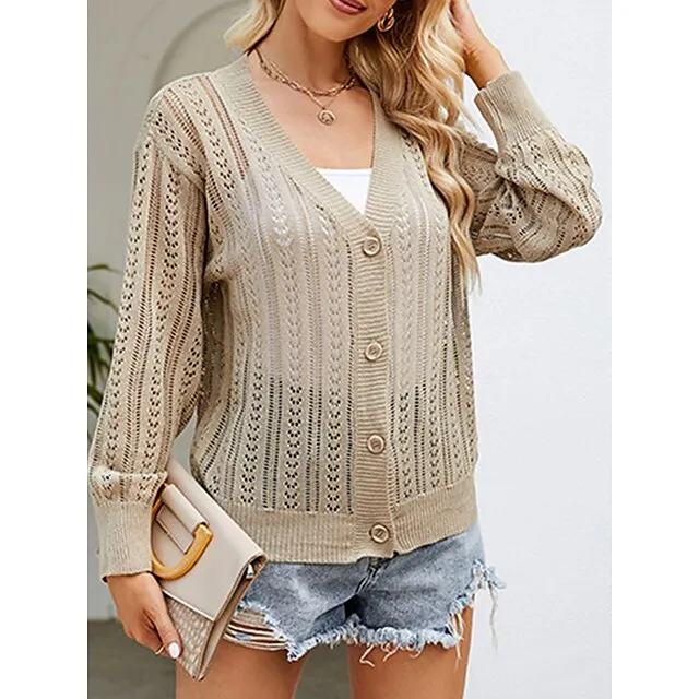 Women’s Cardigan Sweater V Neck Crochet Knit Polyester Button Hole Summer Spring Daily Going out Weekend Stylish Casual Soft Long Sleeve Solid Color Purple Green Khaki S M L 3214d15e3a210cc6d68def8eb989650c