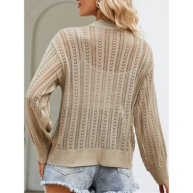 Women’s Cardigan Sweater V Neck Crochet Knit Polyester Button Hole Summer Spring Daily Going out Weekend Stylish Casual Soft Long Sleeve Solid Color Purple Green Khaki S M L 6d4d89c48b17254022b7b08eca5d98cd