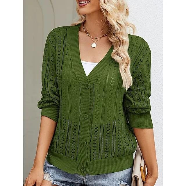 Women’s Cardigan Sweater V Neck Crochet Knit Polyester Button Hole Summer Spring Daily Going out Weekend Stylish Casual Soft Long Sleeve Solid Color Purple Green Khaki S M L 781fdc43140e8911b9e81680a3269270