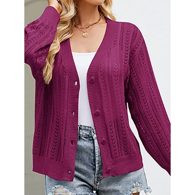 Women’s Cardigan Sweater V Neck Crochet Knit Polyester Button Hole Summer Spring Daily Going out Weekend Stylish Casual Soft Long Sleeve Solid Color Purple Green Khaki S M L 80e4fd86c7441e1dde9e0d4c3f2e5496