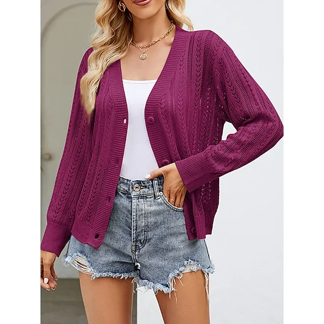 Women’s Cardigan Sweater V Neck Crochet Knit Polyester Button Hole Summer Spring Daily Going out Weekend Stylish Casual Soft Long Sleeve Solid Color Purple Green Khaki S M L ba212c7801288565919ed1af0f0d0418