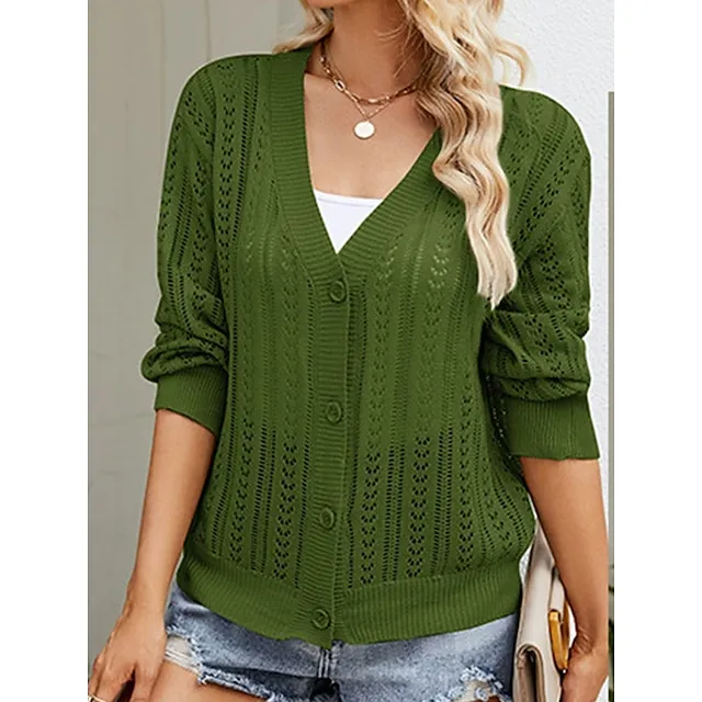 Women’s Cardigan Sweater V Neck Crochet Knit Polyester Button Hole Summer Spring Daily Going out Weekend Stylish Casual Soft Long Sleeve Solid Color Purple Green Khaki S M L c3ad9884f357acbcef8aa4fe97d071d0