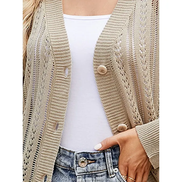 Women’s Cardigan Sweater V Neck Crochet Knit Polyester Button Hole Summer Spring Daily Going out Weekend Stylish Casual Soft Long Sleeve Solid Color Purple Green Khaki S M L e3b825974d4e639ef026e6b2184b093b
