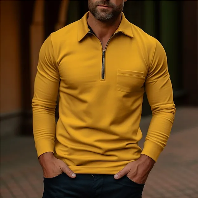 Men's Polo Shirt Quarter Zip Polo Work Daily Wear Lapel Long Sleeve Fashion Comfortable Plain Pocket Zip Up Summer Spring Regular Fit Yellow Navy Blue Dark Grey Army Green Polo Shirt