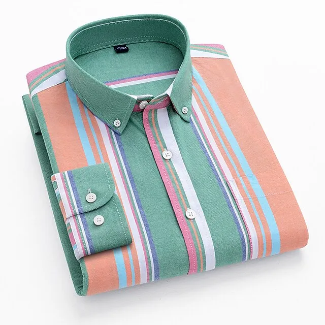 Men’s Dress Shirt Light Green Royal Blue Green Long Sleeve Stripe Shirt Collar Spring, Fall, Winter, Summer Office & Career Daily Wear Clothing Apparel Print 1324d140e41006f62fc568f14e7afde9