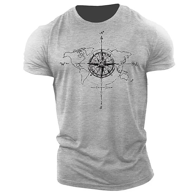 Mens Graphic Shirt Prints Compass Black Army Green Dark Gray Tee Cotton Blend Casual Short Sleeve Comfortable