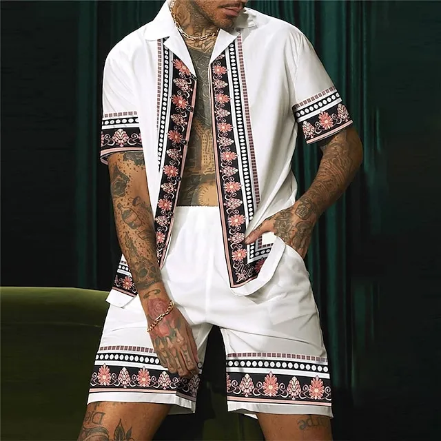 Men’s Shirt Shirt Set Summer Hawaiian Shirt Floral Graphic Prints Totem Cuban Collar White Outdoor Street Short Sleeves Print Clothing Apparel Fashion Streetwear Designer Soft ff6979df1c7e8c3062afe2fbb3e70247