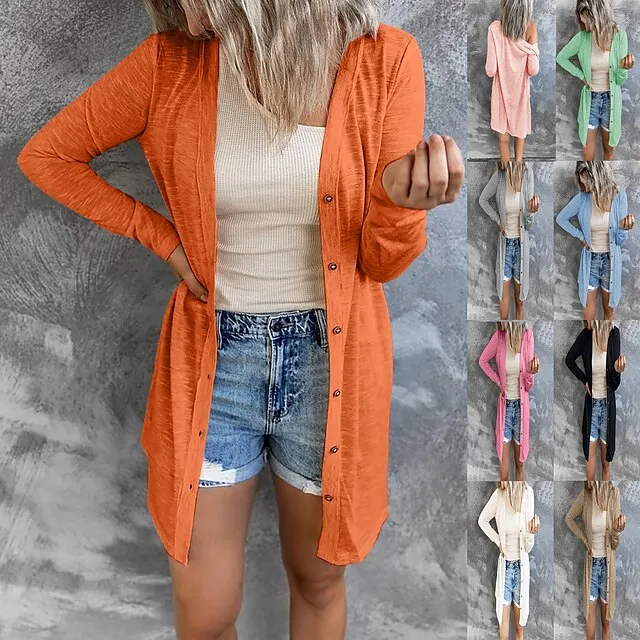 Women’s Cardigan Sweater Cowl Ribbed Knit Polyester Button Summer Spring Outdoor Home Halloween Casual Soft Long Sleeve Solid Color Black White Light Green S M L 0b14c478f056ca44b54c716b9876c3a8